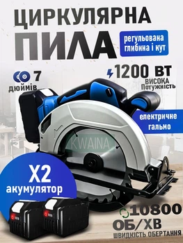 Безщеточная аккумуляторная ручная циркулярная пила дисковая, циркулярка для дома, 185 мм диск, 10800 об/мин, электрический тормоз + 2шт аккумулятора