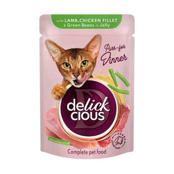 Повнораціонний консервований корм для котів Delickcious Шматочки з ягнятиною, курячим філе і квасолею спаржевою в желе 85 г (4820269143128)
