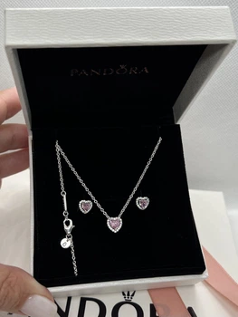 Набор украшений Пандора "Розовое сердце" ожерелье Pandora, серьги для девушки, шарики в виде сердца, подвеска на шею кубического циркония + подарочная упаковка