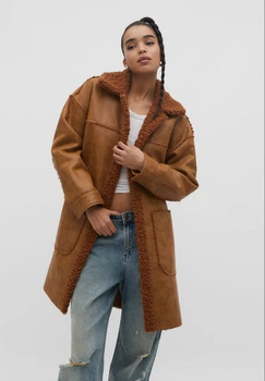 Дубленка с подкладкой Тедди Stradivarius карамель S 8498/231/444