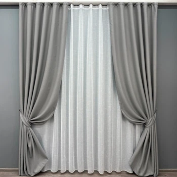 Комплект штор VR-Textil Лен Мешковина 100х270 2шт и Тюль 300х270 867ш-115т светло-серый с белым 71-060/1