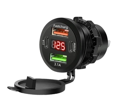 Автомобильное зарядное устройство 2 USB + 2 Type-C 12-24V 83W врезная розетка, с Вольтметром Красная подсветка (80042)