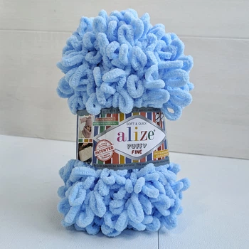 Пряжа Alize Puffy Fine №218 блакитний, для в'язання руками, малі петлі