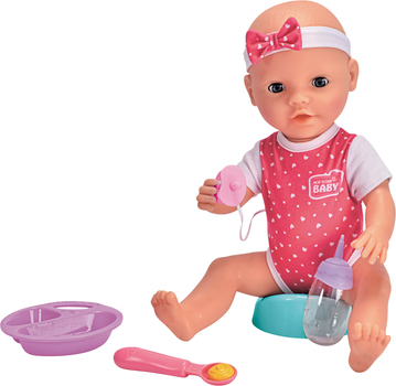 Lalka bobas Simba New Born Baby 38 cm z interaktywną łyżeczką, akcesoriami i efektem dźwiękowym 5030518 (4006592097875)