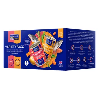 Набор натуральных беззерновых влажных рационов для собак Fish4Dogs Finest Variety Pack Лосось с морковкой и картошкой/Белая рыба с бататом и зеленой фасолью, 6 шт/395 г (DWC600)