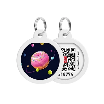 Адресник жетон на ошейник для собак и котов WAUDOG Smart ID с QR-кодом и онлайн-паспортом, металлический круглый d 25 мм (S), дизайн «Вселенная пончиков» — арт. 0625-0218