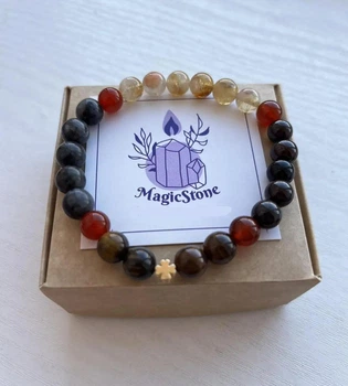 Браслет Magic Stone з граната, лабрадора, тигрового ока, цитрину та сердоліка, 8 мм, з позолоченим шармом клевер 18 карат, one size