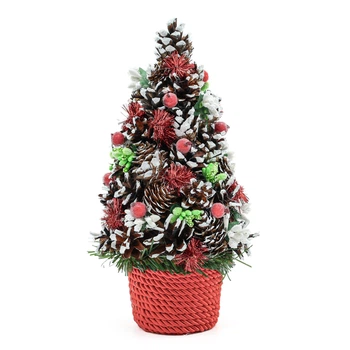 Рождественская декоративная елка GALA DECOR из шишек и декора 25 см с лед подсветкой на красной подставке Е2511К