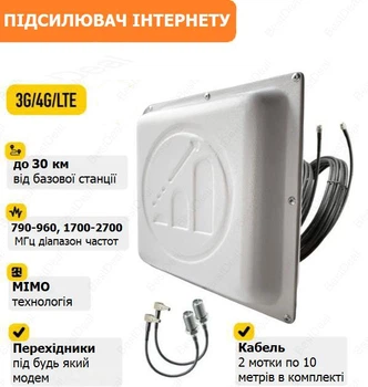 Усилители интернет связи | Комплект панельная 4G антенна MIMO 2x18.5 дБі v.1 с кабелями и переходниками | Зона действия до 30 км от базовой станции Київстар, Lifecell, Vodafone