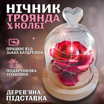 Вічна троянда в колбі декоративна 15 см із діодною LED-підсвіткою Троянда під скляним куполом Червона