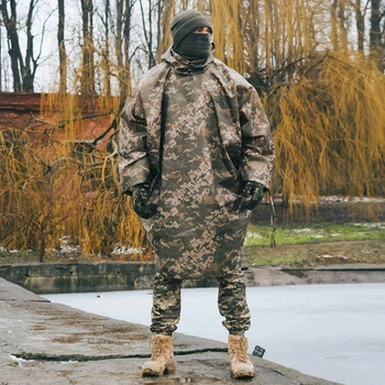 Прочный Пончо - Дождевик с капюшоном / Водозащитный плащ пиксель размер универсальный 145х120 см
