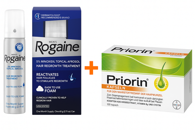 Комплекс вітамінів Bayer Priorin 30 шт і піна міноксидилу Rogaine 60 г для росту волосся
