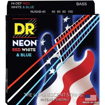 Струны для бас-гитары DR NUSAB-40 Hi-Def Neon Red White Blue K3 Coated Light Bass Guitar 4 Strings 40/100