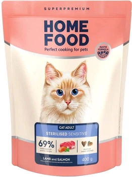 Полнорационный сухой корм для взрослых кошек Home Food Cat Adult с чувствительным пищеварением «Ягнятина и лосось» 0.4 кг (4820235020101)