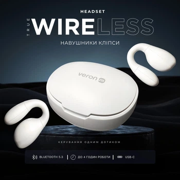 Беспроводные наушники-клипсы Veron Q15 Elegant Bluetooth 5.3 с кейсом, до 4 ч работы, для спорта Белые