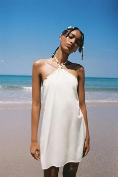 Коротка сукня з коміром хальтер і бісером Zara 5107/369 L Біла (05107369250L)