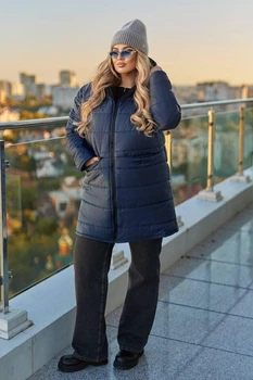 Жіноча зимова куртка батал подовжена тепла з капюшоном темно синя великі розміри утеплена на синтепоні р.58/60 017607