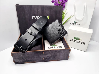 Чоловічий подарунковий набір Lacoste для чоловіка шкіряний ремінь + гаманець + упаковка у подарунок