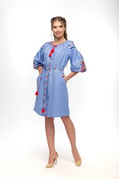 Жіноча лляна сукня-вишиванка Сона Folk Moda S Блакитний (sona-blakitna-291211137)