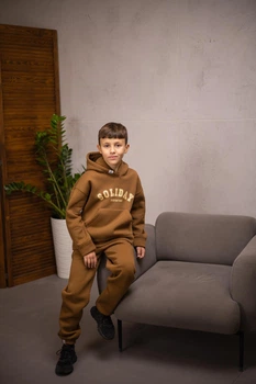 Подростковый теплый спортивный костюм для мальчика IRmAS 1316 р.152 коричневый на флисе