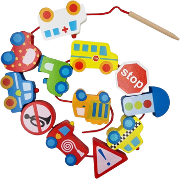 Przeplatanka drewniana WOOPIE GREEN klocki do nawlekania Samochody 13 el 41199 (5904326941199)