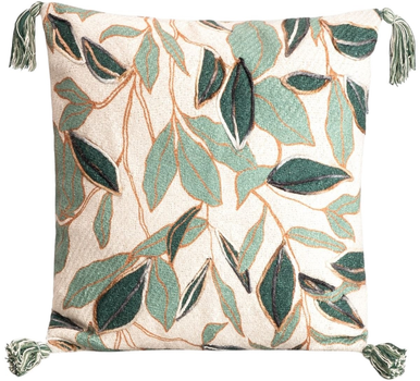 Poszewka Homla Ragna wyszywana w liście z frędzlami Beżowa z zielonym 45 x 45 cm (5904183854953)