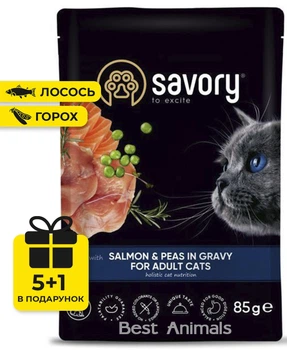 Вологий корм для котів Savory Сейворі з лососем та гороком в соусі пауч 85 г 5+1 шт (4820261920116)