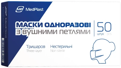 Маски одноразовые MedPlast с ушными петлями 50 шт (7640162323109)