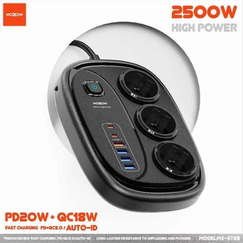 Мережевий фільтр Moxom MX-ST38 9 IN 1 PD20W PD/QC 2500 Вт, 3 розетки та 6 USB для кількох пристроїв 2М Чорний