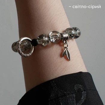 Браслет со стеклянными бусинами с металлическими листьями в японском панк стиле без застежки Светло-Серый Серебристый