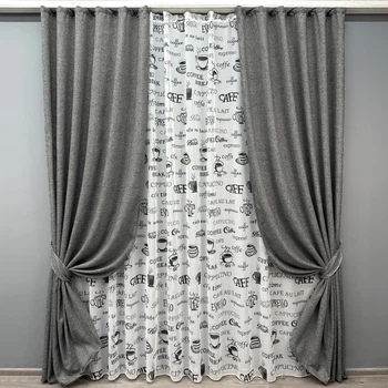 Комплект штор VR-Textil Льон Мішковина 100х270 2шт і Тюль 300х270 108ш-1791т Сірий з білим 71-061/1