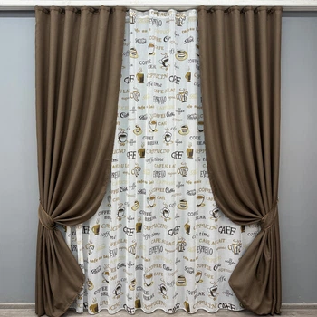 Комплект штор VR-Textil Лен Мешковина 100х270 2шт и Тюль 300х270 277ш-1858т Коричневый с белым 71-066/1
