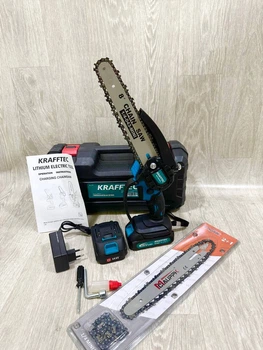 Аккумуляторная мини-пила в кейсе Krafftec 20 см 36V 4Ah 1200 Вт шина 20 см с автоматической смазкой и индикатором заряда 2 аккумулятора 3 цепи + 2 шины