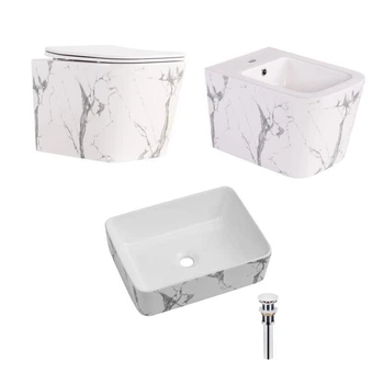 Комплект 3 в 1 Qtap Tern Marble: унитаз подвесной + биде подвесное + раковина накладная керамика мрамор (SD00055288)