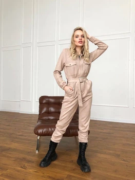 Жіночий комбінезон із замши з капюшоном Milirud S/L Бежевий (286-6-S/L)