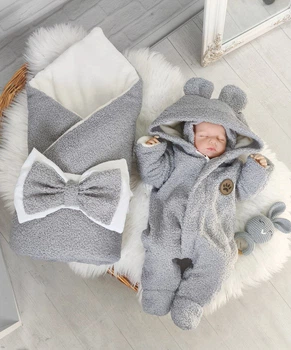 Комплект на выписку для новорожденного Зимний Teddy комбинезон с шапочкой + конверт Серый (SHd44)