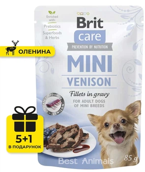 Вологий корм з олениною філе в соусі Brit Care Mini Venison для собак мініатюрних порід пауч 85 г 5+1 шт (8595602560356)
