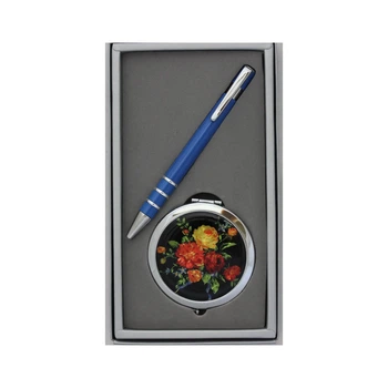 Набор шариковой ручки Голубая + зеркало Цветы