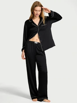 Піжама Сатинова (сорочка + штани) Victoria's Secret Glazed Satin Shine Long Pajama Set XS Regular Чорний (27162614)