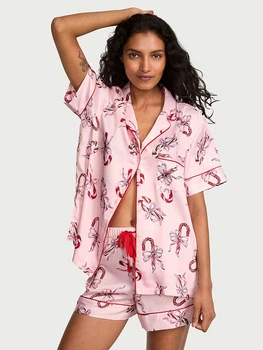 Піжама Сатинова (сорочка + шорти) Victoria's Secret Glazed Satin Short Pajama Set L Рожевий (27161897)