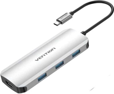 Hub USB Vention USB-C to HDMI/USB 3.0x3/SD/TF/PD Docking Station Gray 0.15M Aluminum Alloy Type (TOJHB)