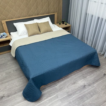Покрывало двустороннее Decorator Microfiber листья 210х215 см синий с бежевым (85-199)