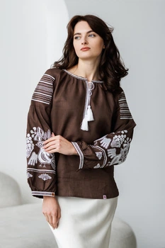 Вишиванка жіноча з лляного полотна із білою вишивкою Folk Moda M Коричневий (766-214411145)
