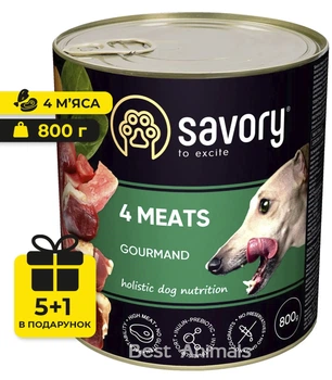 Вологий корм з індичкою ягням куркою та качкою Savory Сейворі консерва для собак 4 м'яса 800 г 5+1 шт (4820232630402)