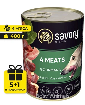 Вологий корм з індичкою ягням куркою та качкою Savory Сейворі консерва для собак 4 м'яса 400 г 5+1 шт (4820232630396)