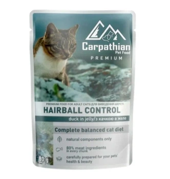 Влажный корм для кошек Carpathian Pet Food Hairball control для выведения шерсти, в желе с уткой 12 шт по 80 г