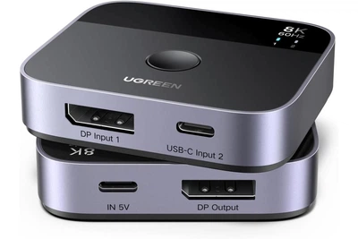 Переключатель 2-in-1 UGREEN AW701 DisplayPort (DP)+USB-C to DisplayPort (DP) 8K@60Hz для ноутбука, настольного монитора, проектора Black (65878)