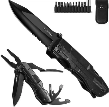 Сталевий Мультитул Pro100Tool 14 в 1 складний мультиінструмент кишеньковий туристичний Плоскогубці Ніж Біти викрутка для велосипеда кемпінгу чохол Подарунок чоловіку Чорний