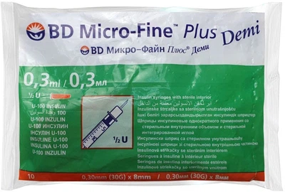Шприц инсулиновый Becton Dickinson BD Micro-Fine 0.3 мл U-100 30G 0.30 x 8.0 мм DEMI №10 (0382900829012)