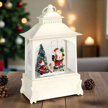 Новогодний фонарь с подсветкой и искусственным снегом, USB, 28x15x9 см (Декоративный светильник с Санта Клаусом и детьми)